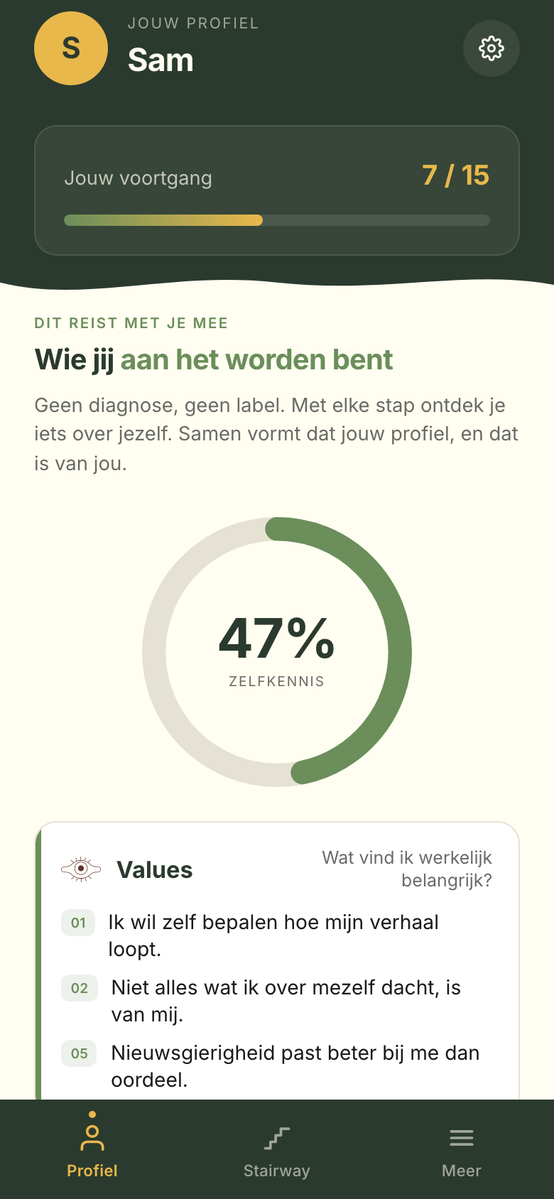 Het profiel van Sam in de Labelloos-app