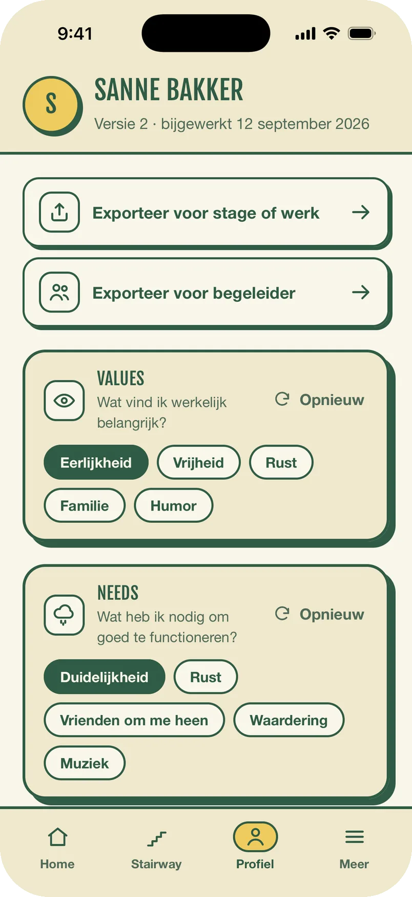 Het persoonlijke profiel in de Labelloos-app met zelfgekozen woorden bij Values en Needs.