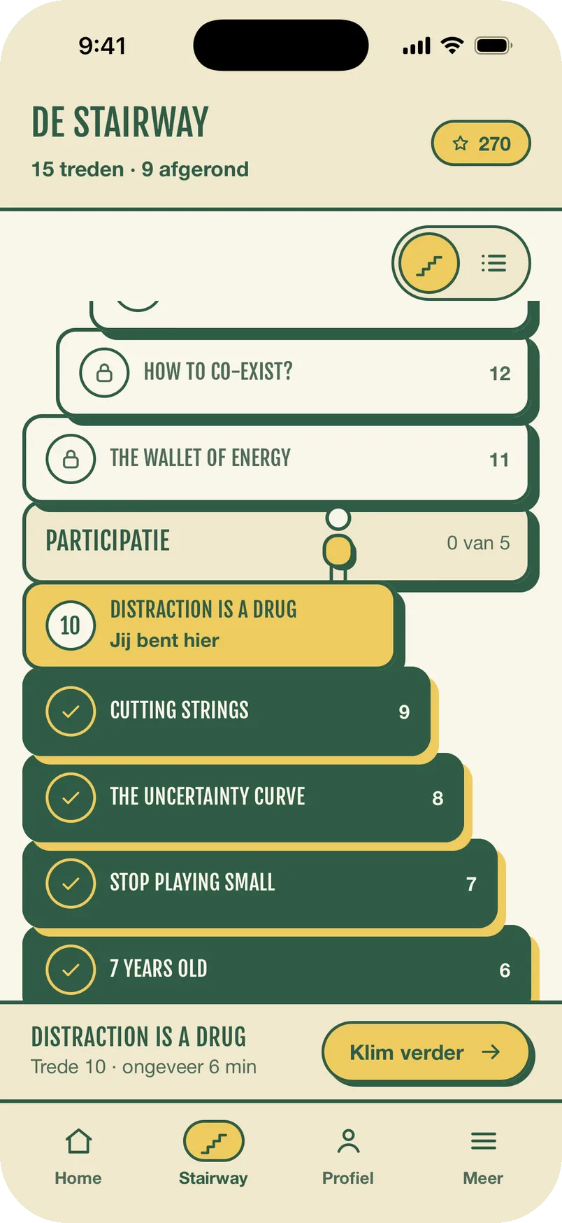 Het Stairway-overzicht in de Labelloos-app: de vijftien treden lopen als een trap omhoog.