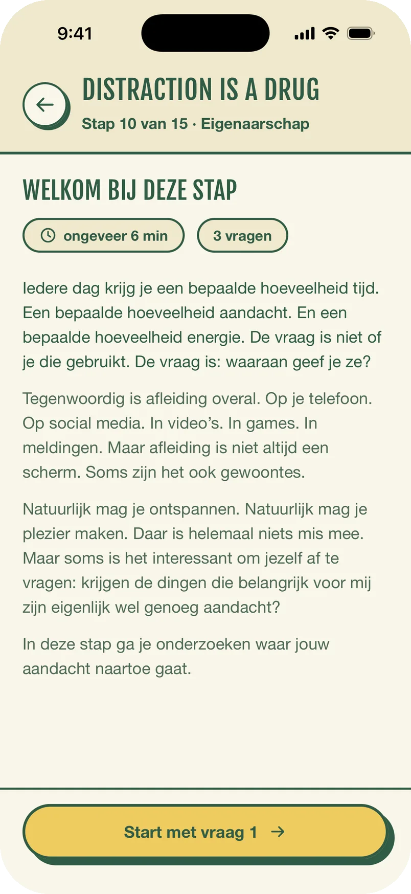 Een stap in de Labelloos-app: de uitleg bij Distraction is a Drug, met de knop naar de eerste vraag.